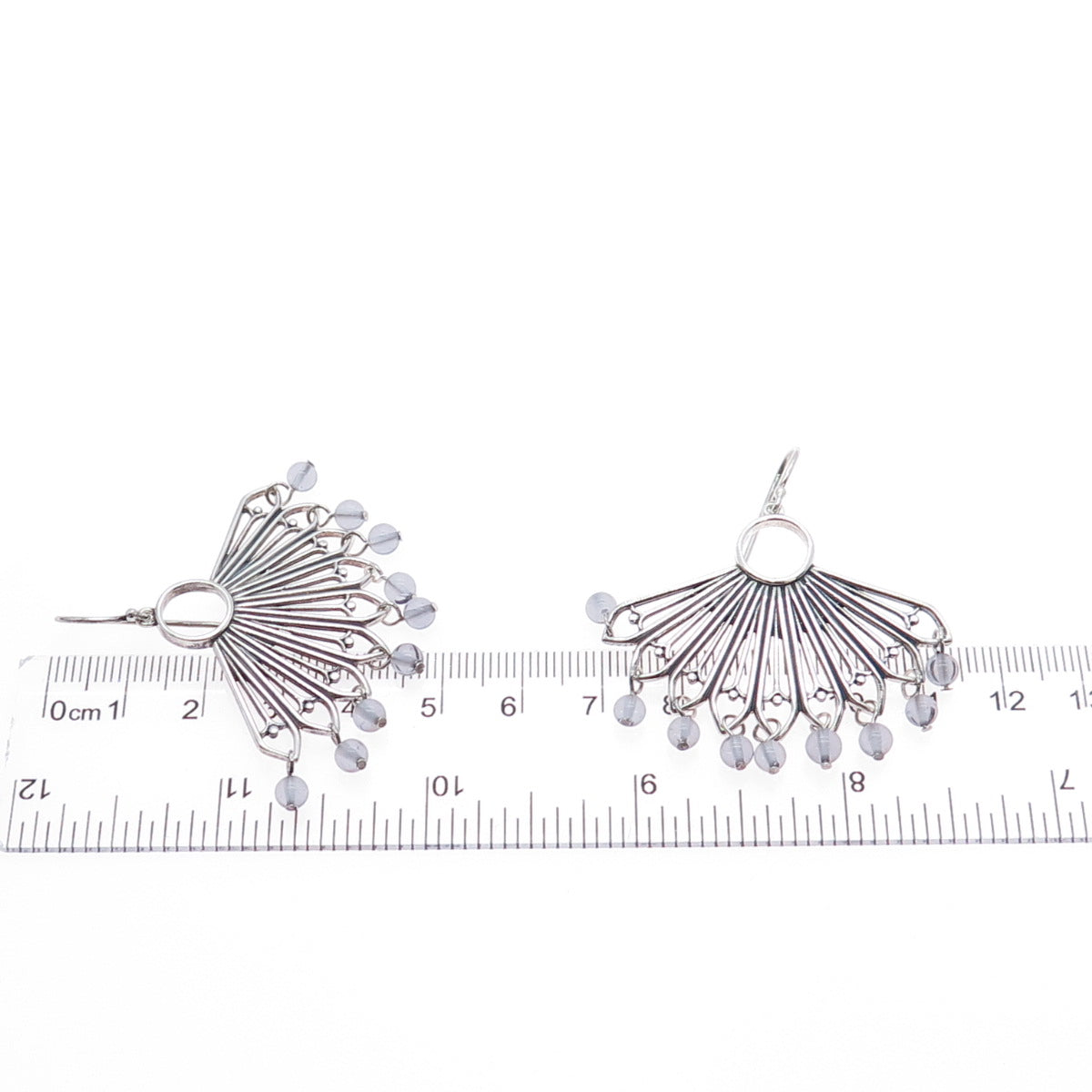 925 Sterling Silver Vintage Clear Crystal Modernist Fan Oxidized Earrings
