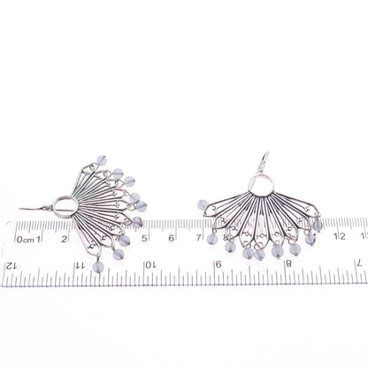 925 Sterling Silver Vintage Clear Crystal Modernist Fan Oxidized Earrings
