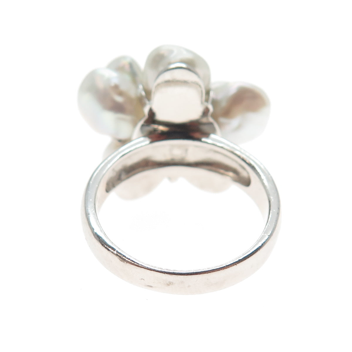 925 Sterling Silver Vintage Real Baroque Pearl Black Onyx Flower Ring Size 9.25