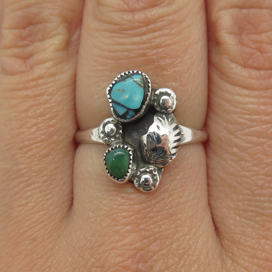 Old Pawn Sterling Silver Vintage Multi-Color Turquoise Feather Ring Size 7.75