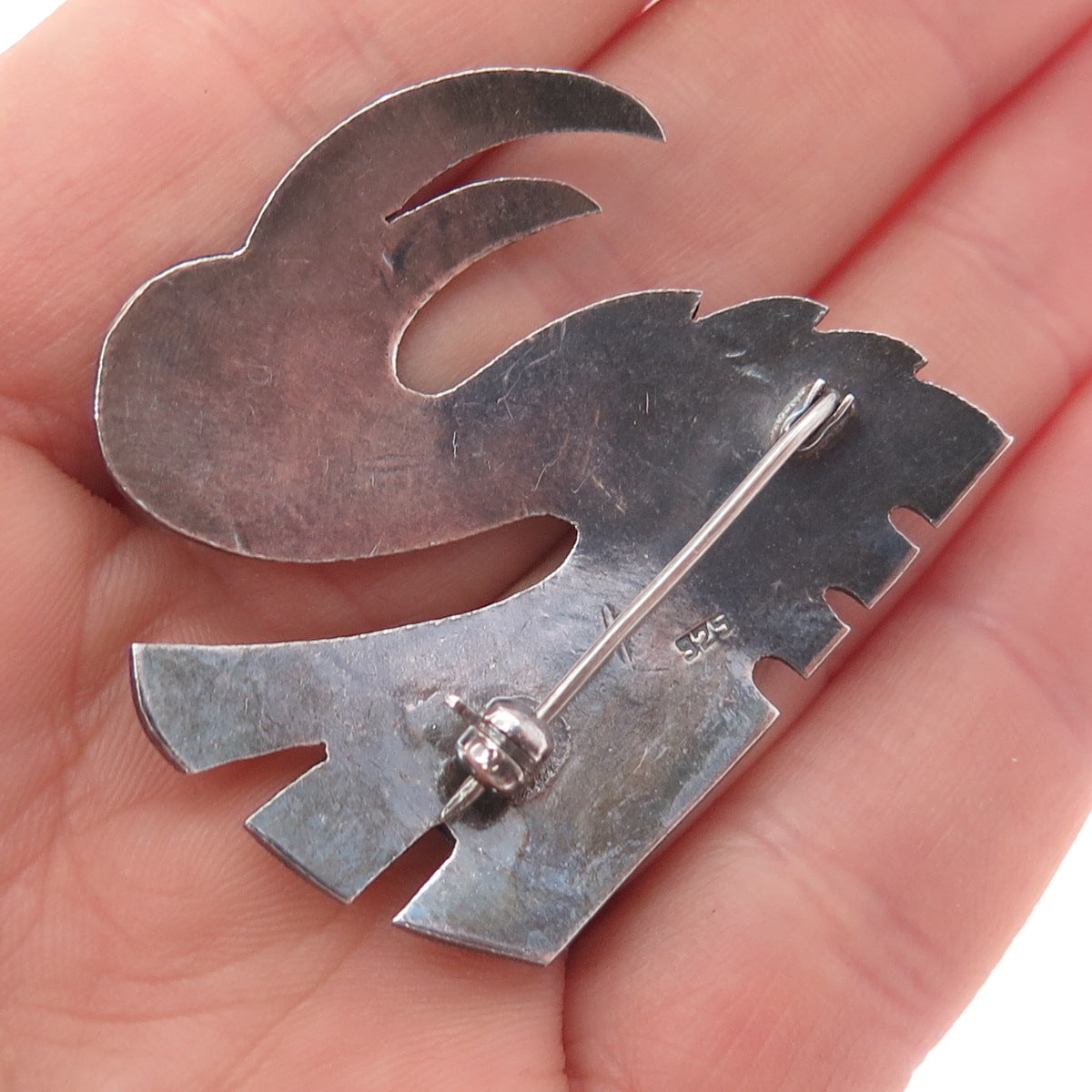 925 Sterling Silver Vintage Enamel Tribal Bird Oxidized Pin Brooch