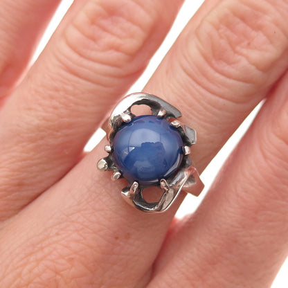 925 Sterling Silver Vintage Real Sapphire Modernist Oxidized Ring Size 7.25
