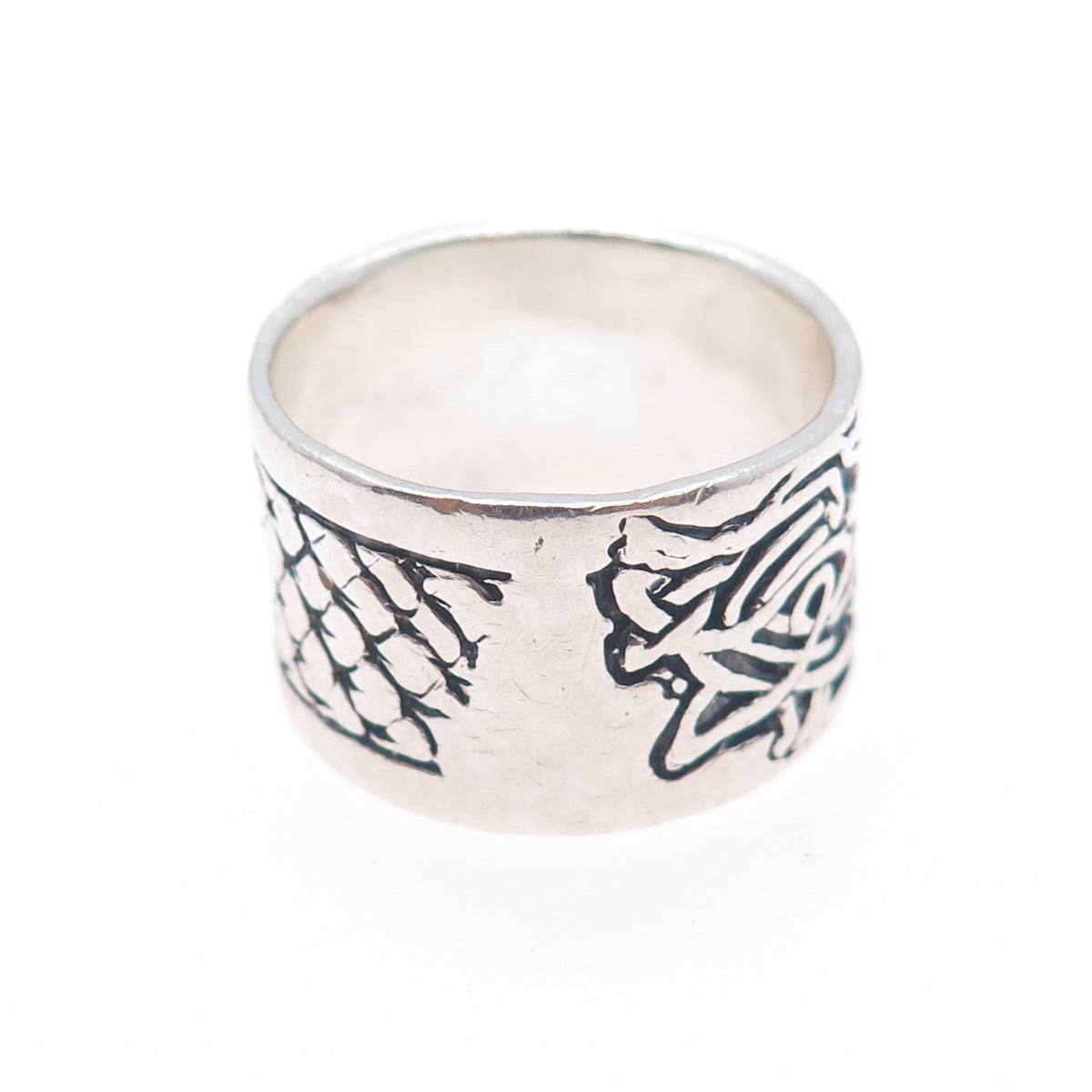 925 Sterling Silver Vintage Celtic Dragon Knot Oxidized Wide Band Ring Size 11