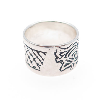 925 Sterling Silver Vintage Celtic Dragon Knot Oxidized Wide Band Ring Size 11