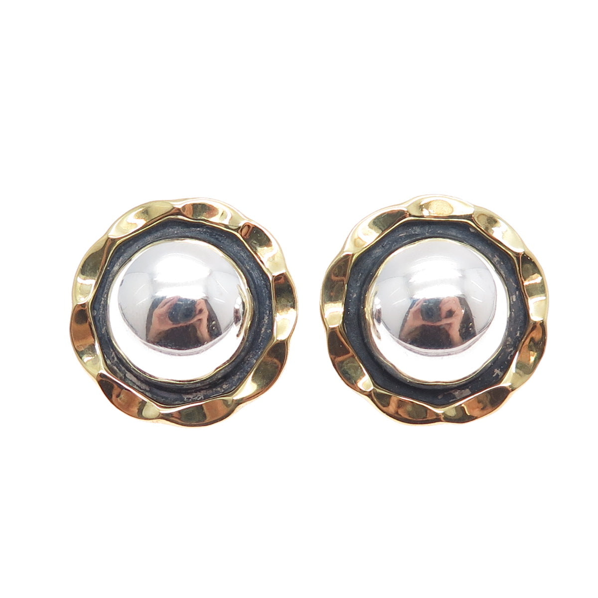 LATON Sterling Silver 2-Tone Vintage Mexico Modernist Flower Oxidized Earrings