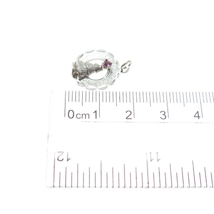 CREA Sterling Silver Vintage Pink Rhinestone Merry Christmas Minimalist Pendant