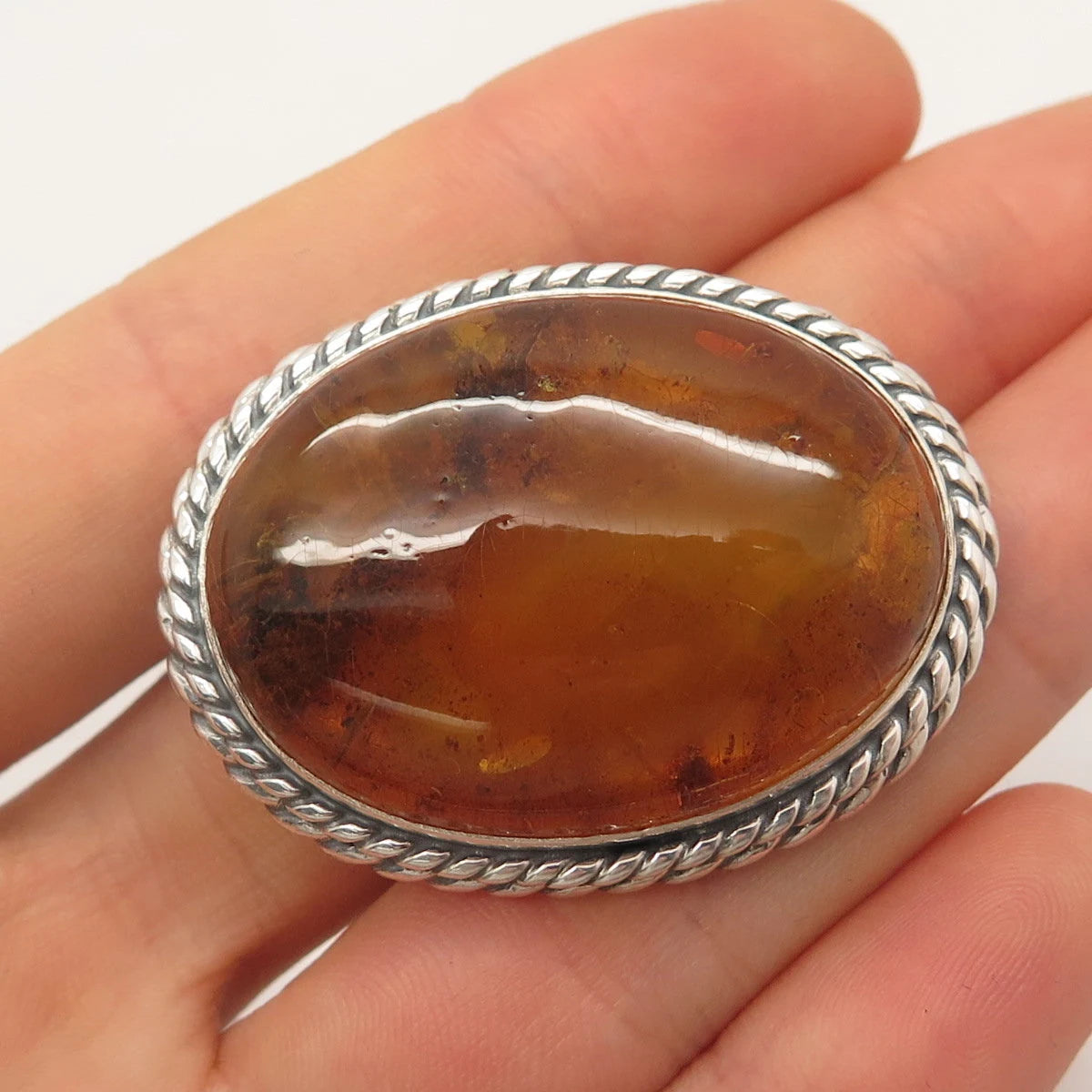 925 Sterling Silver Vintage Real Amber Twisted Oval Pin Brooch