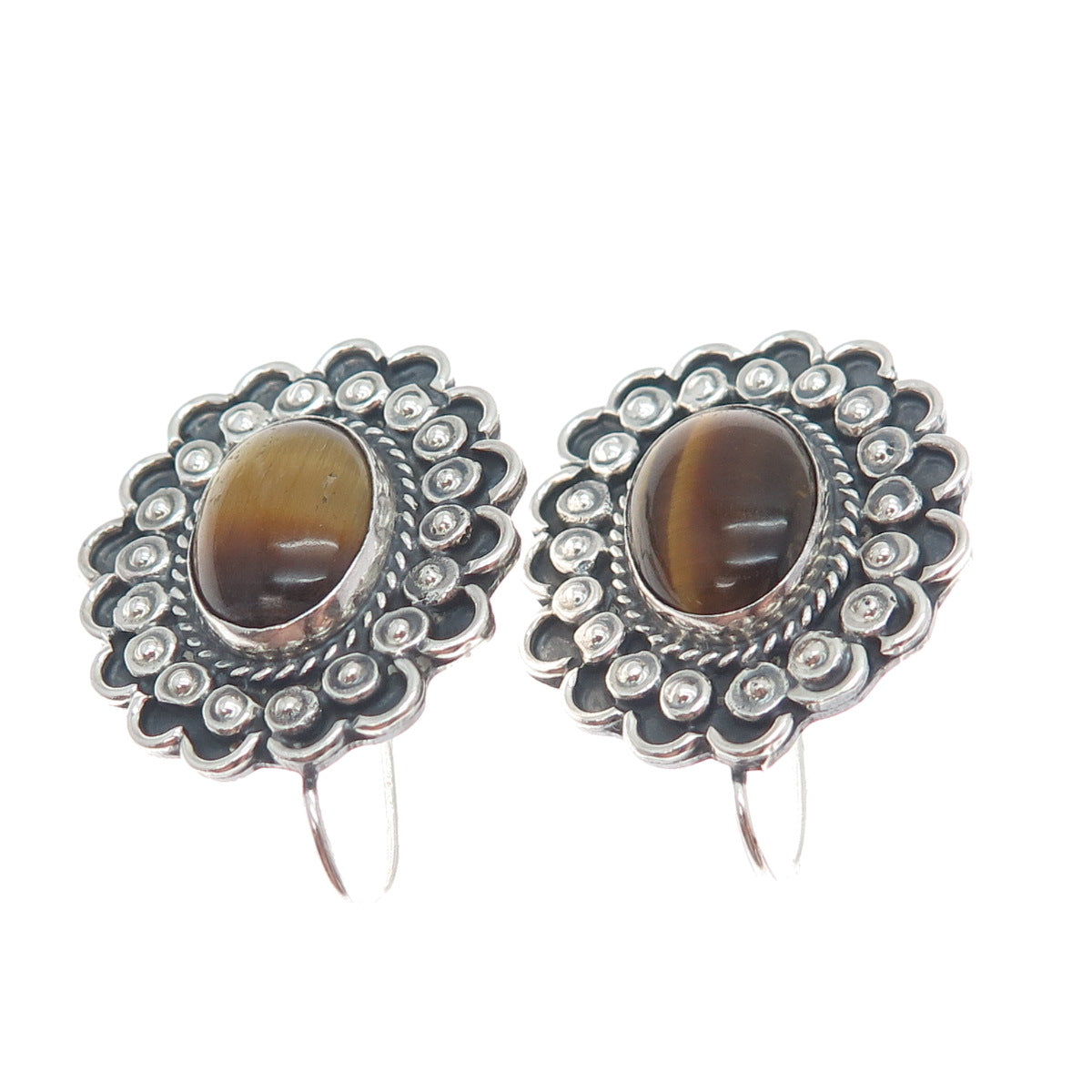 925 Sterling Silver Vintage Mexico Real Tiger Eye Flower Oxidized Earrings