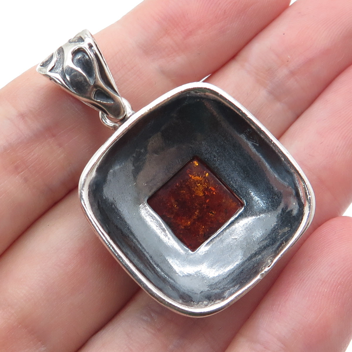 SILPADA 925 Sterling Silver Vintage Real Amber Ornate Oxidized Pendant