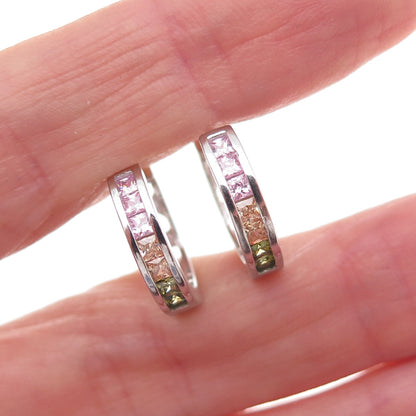 925 Sterling Silver Princess-Cut Multi-Color C Z Hoop Earrings