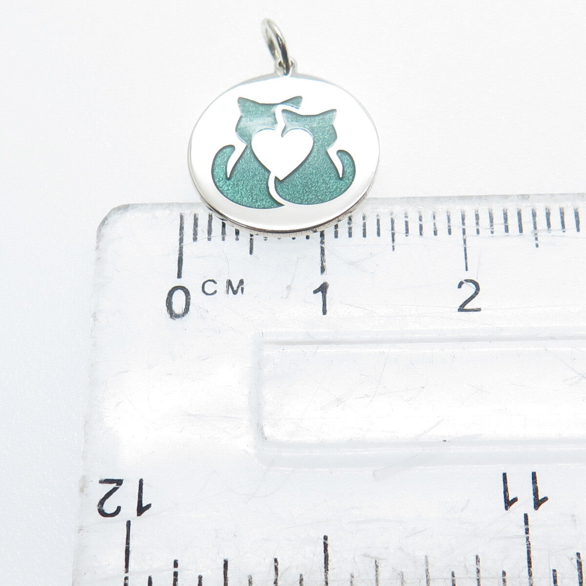 925 Sterling Silver Green Enamel Cat Couple Round Tag Minimalist Charm Pendant