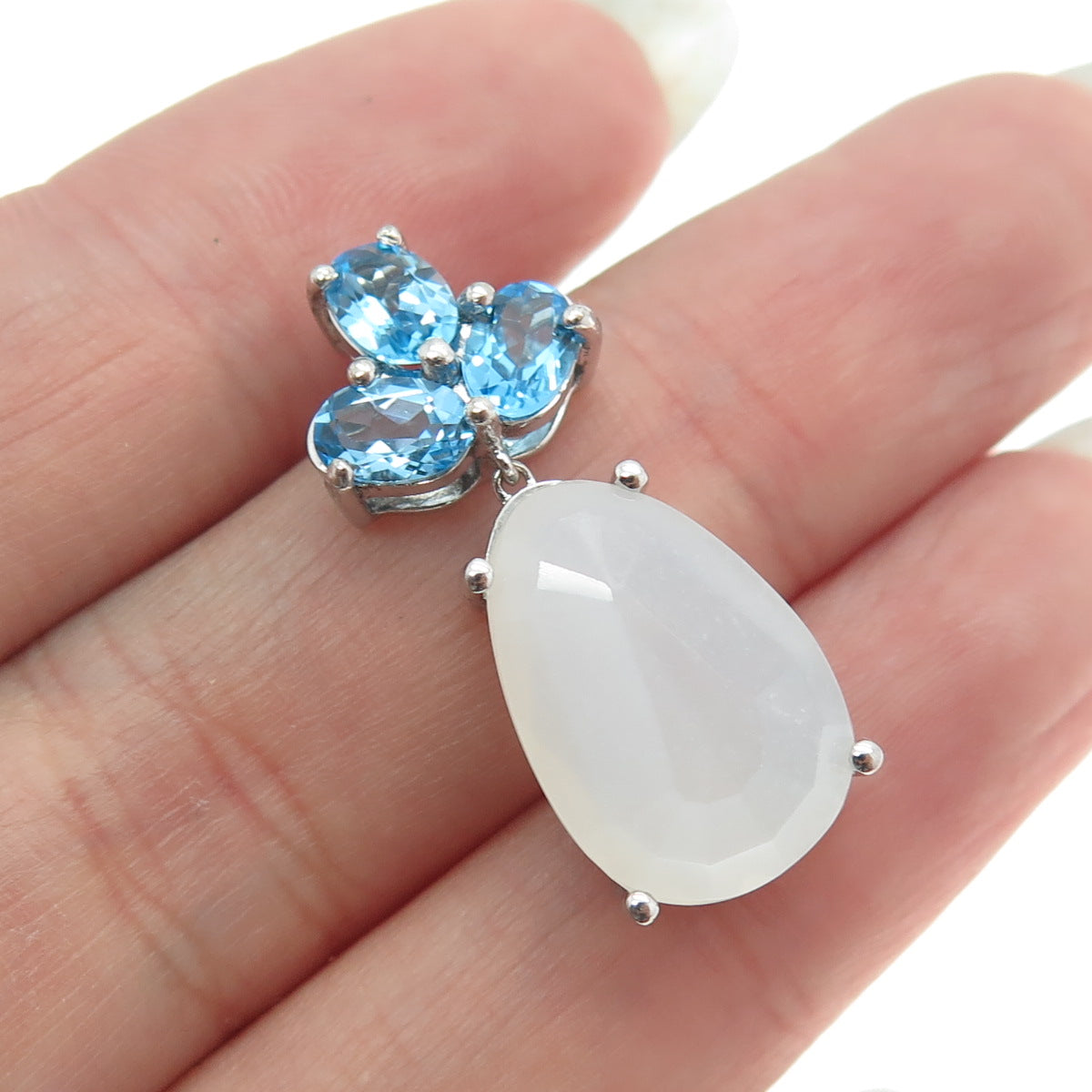 SAI 925 Sterling Silver Real White Chalcedony & Blue Topaz Gemstone Pendant