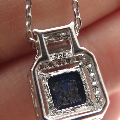 925 Sterling Silver Italy White & Blue C Z Cable Chain Necklace 16"