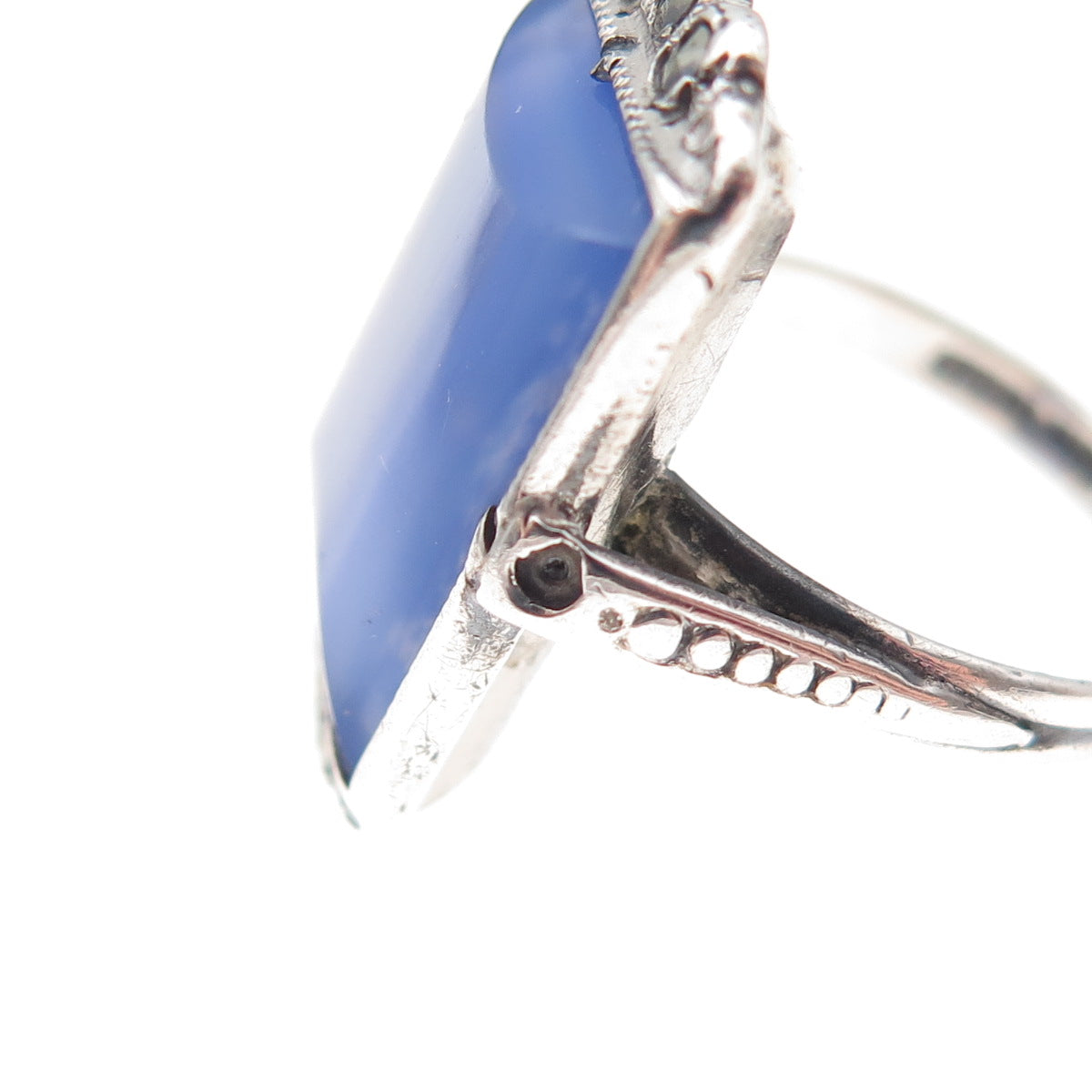 925 Sterling Antique Real Chalcedony & Marcasite Ring Size 5.75 (missing stone)
