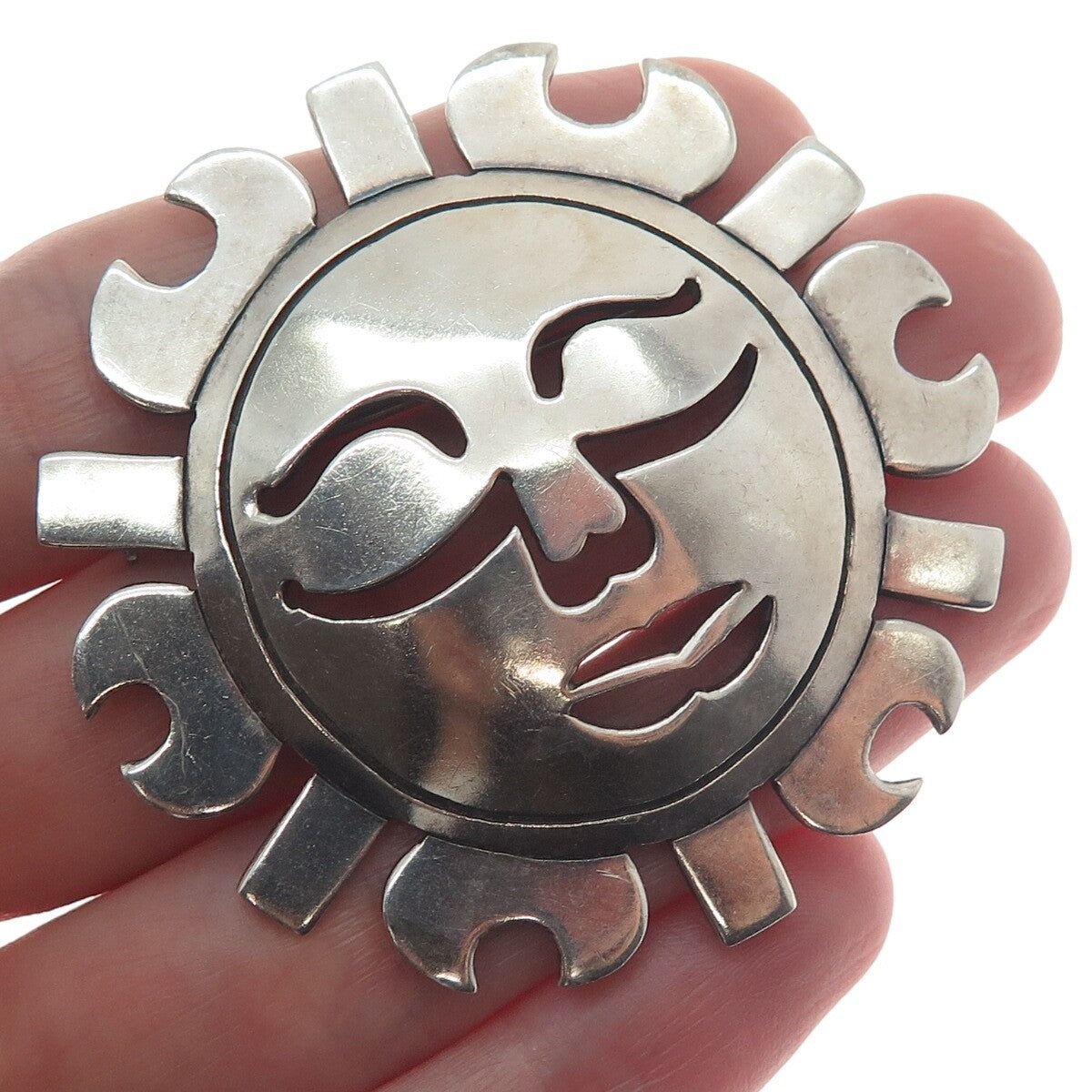 925 Sterling Silver Vintage Mexico Sun Face Oxidized Pin Brooch