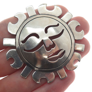 925 Sterling Silver Vintage Mexico Sun Face Oxidized Pin Brooch