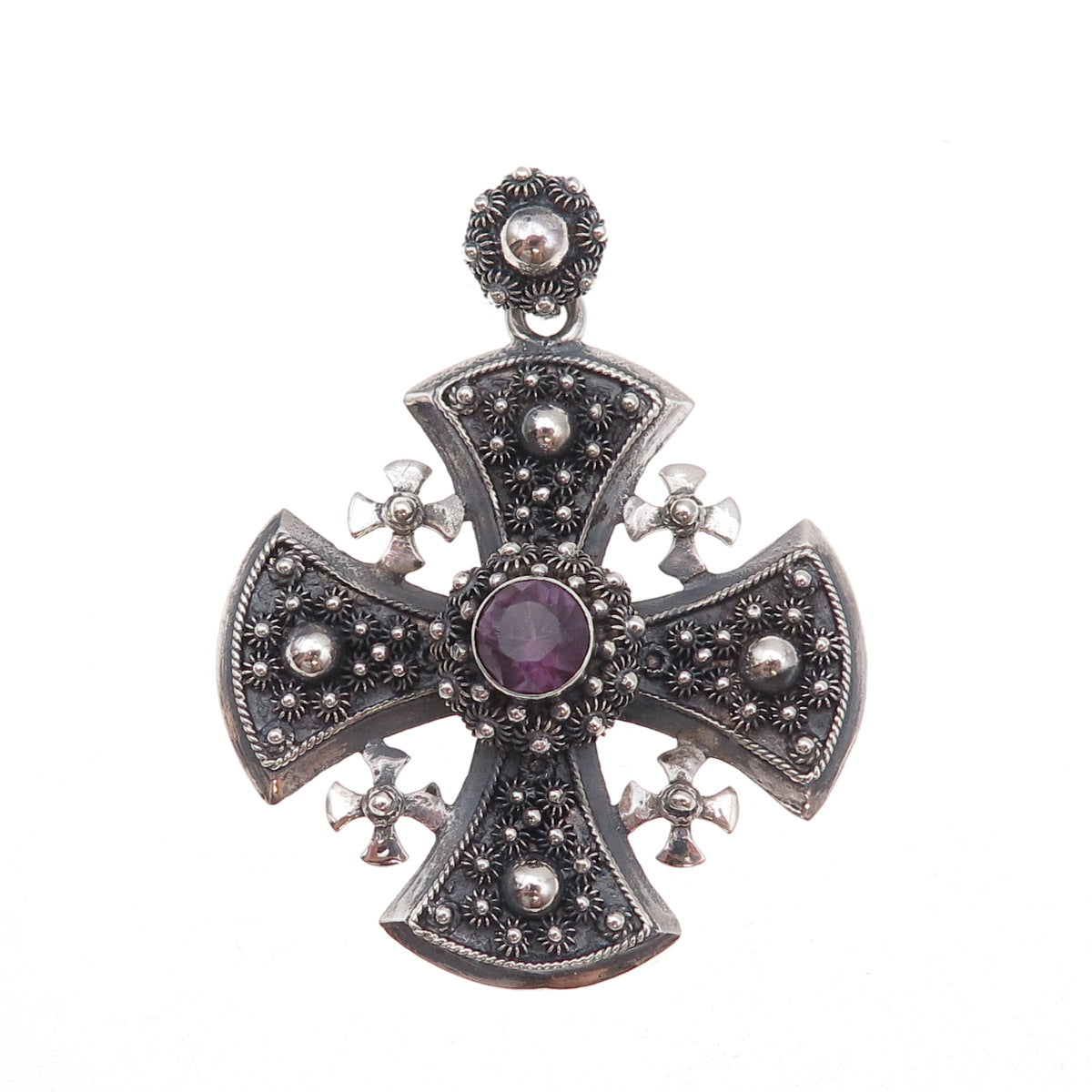 925 Sterling Silver Vintage Lab-Created Peacock Sapphire Jerusalem Cross Pendant