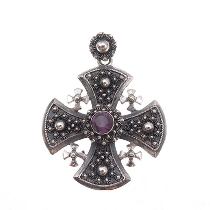 925 Sterling Silver Vintage Lab-Created Peacock Sapphire Jerusalem Cross Pendant