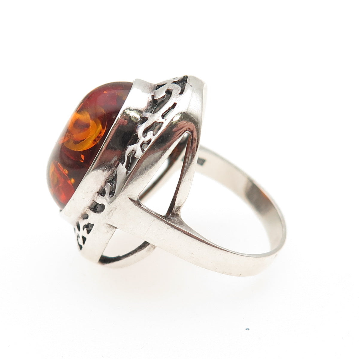 VALERIO V8 925 Sterling Silver Vintage Poland Real Amber Modernist Ring Size 6