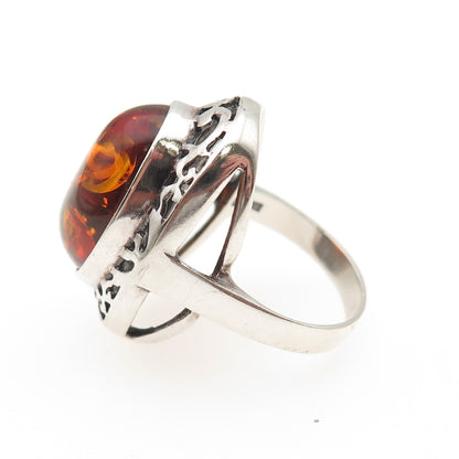 VALERIO V8 925 Sterling Silver Vintage Poland Real Amber Modernist Ring Size 6