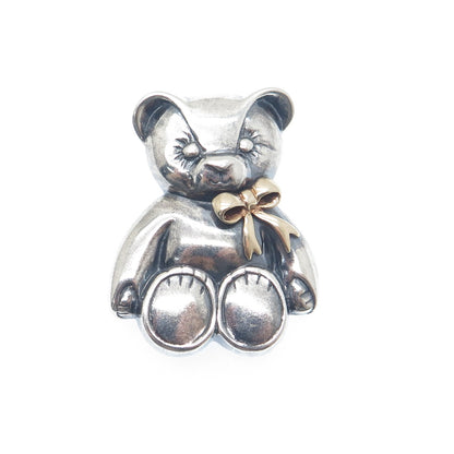 THE TOUCH 14K Gold & 925 Sterling Silver Vintage Teddy Bear Oxidized Pin Pendant