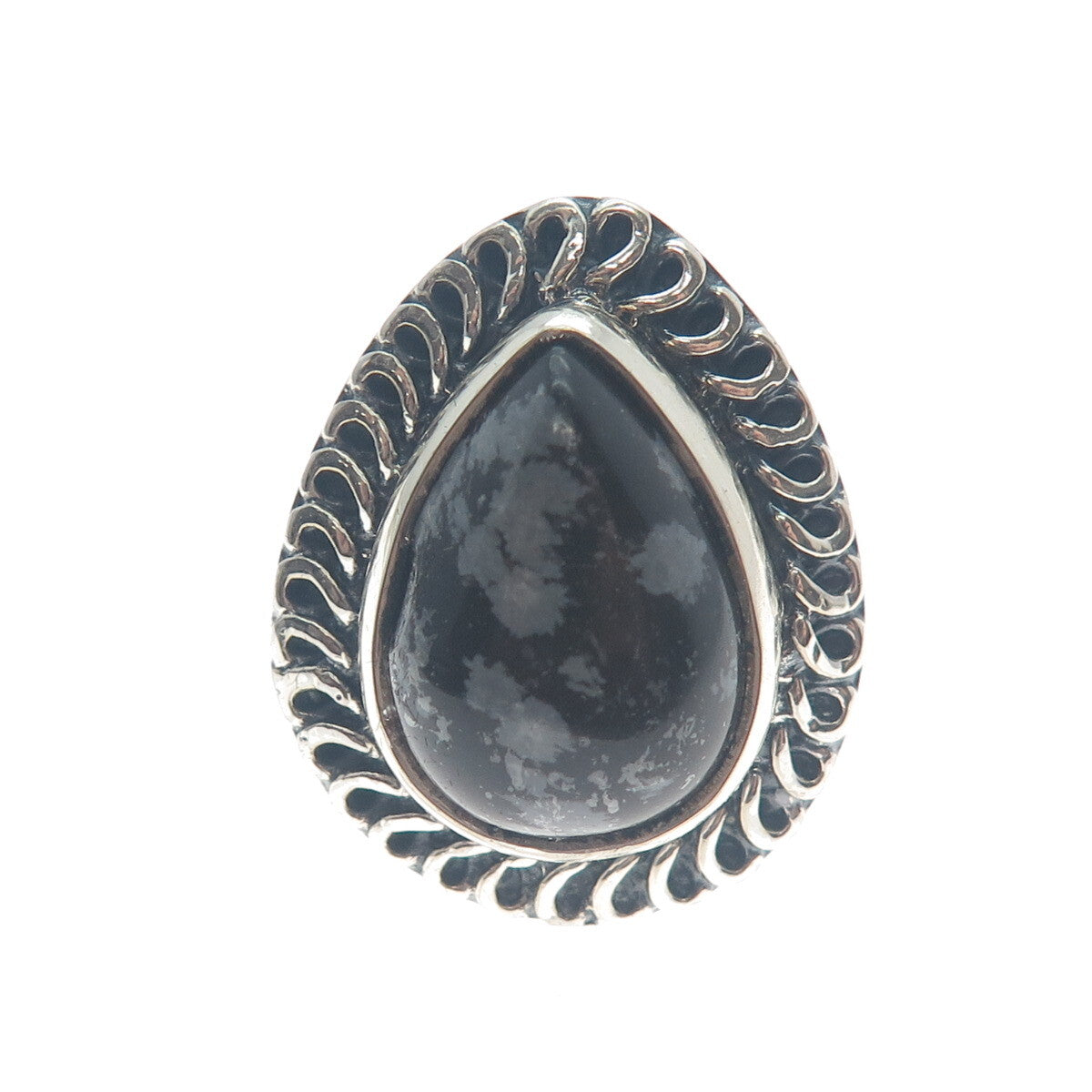 925 Sterling Silver Vintage Pear-Cut Snowflake Obsidian Oxidized Ring Size 9