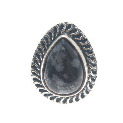 925 Sterling Silver Vintage Pear-Cut Snowflake Obsidian Oxidized Ring Size 9