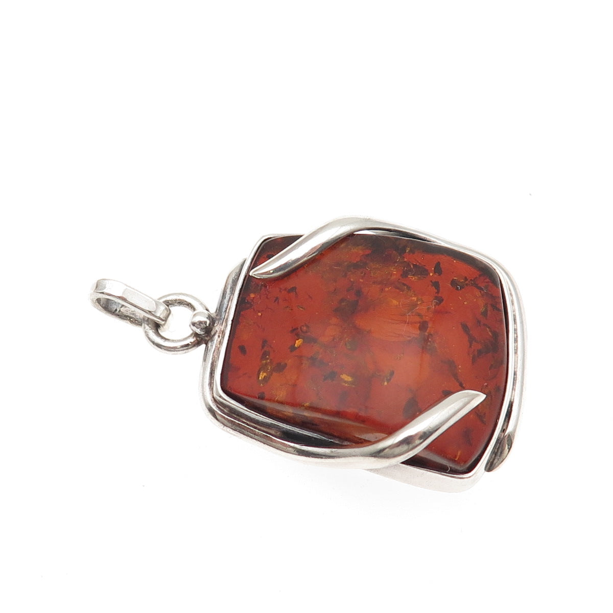 925 Sterling Silver Vintage Real Amber Modernist Oxidized Pendant