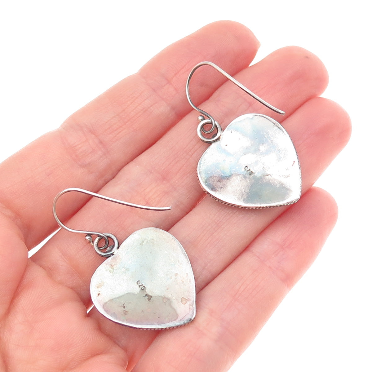 925 Sterling Silver Vintage Heart Granulated Oxidized Dangle Earrings