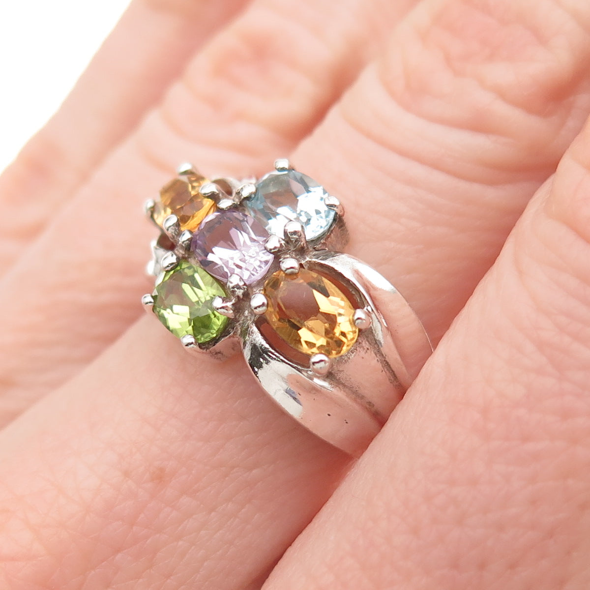 Pranda Sterling Silver Vintage Real Topaz Amethyst Citrine & Peridot Ring Size 6