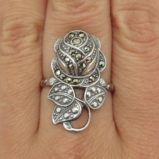 UNCAS 925 Sterling Silver Antique Real Marcasite Gem Rose Floral Ring Size 9.25