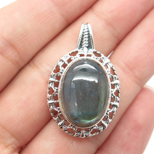 925 Sterling Silver Vintage Real Cabochon Labradorite Gem Swirl Oval Pendant