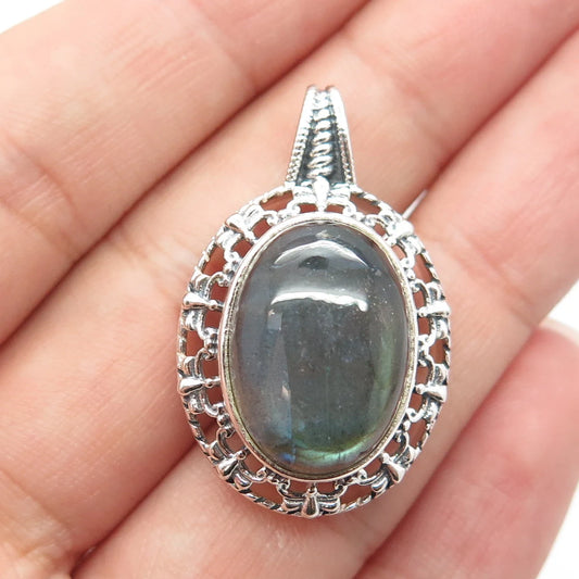 925 Sterling Silver Vintage Real Cabochon Labradorite Gem Swirl Oval Pendant