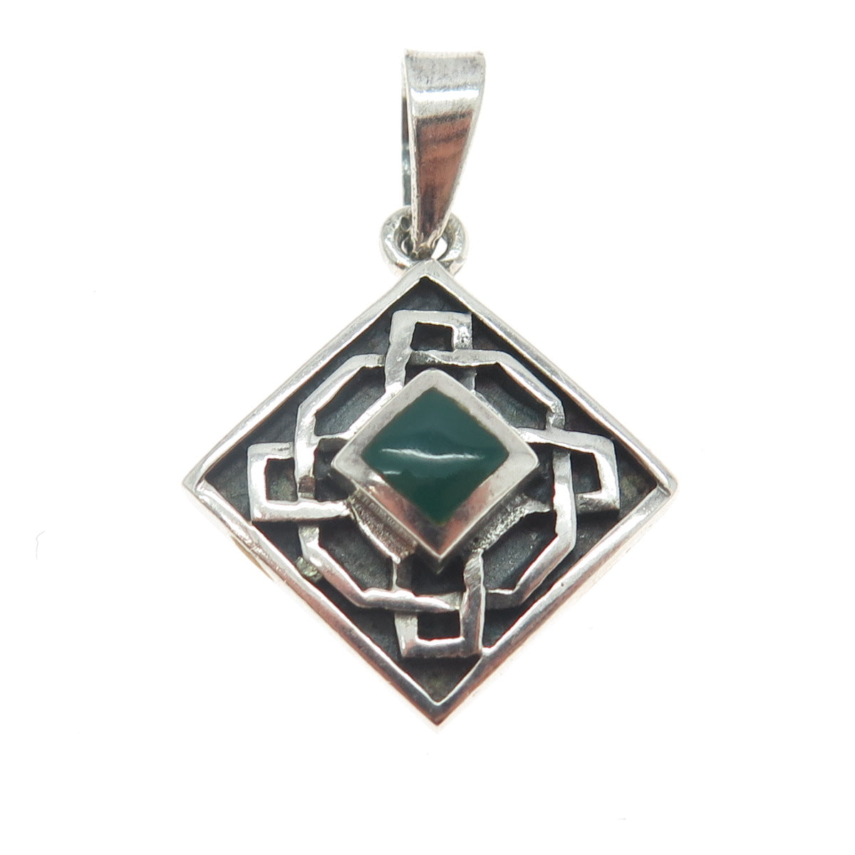 925 Sterling Silver Vintage Real Green Onyx Geometric Maze Pendant