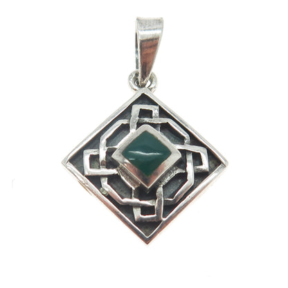 925 Sterling Silver Vintage Real Green Onyx Geometric Maze Pendant