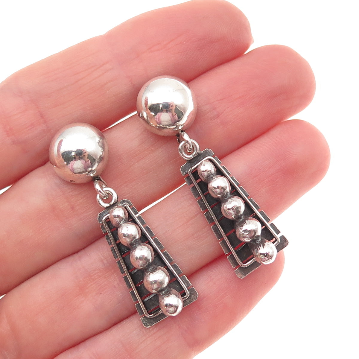 925 Sterling Silver Vintage Modernist Beaded Oxidized Dangle Earrings