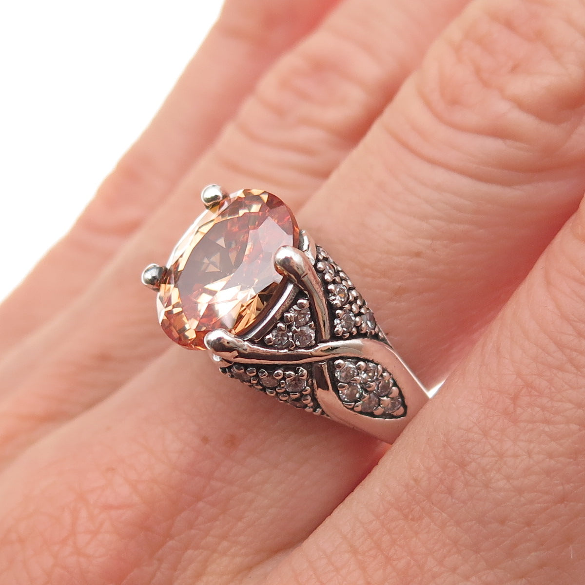 925 Sterling Silver Vintage Champagne & White C Z Oxidized Ring Size 8