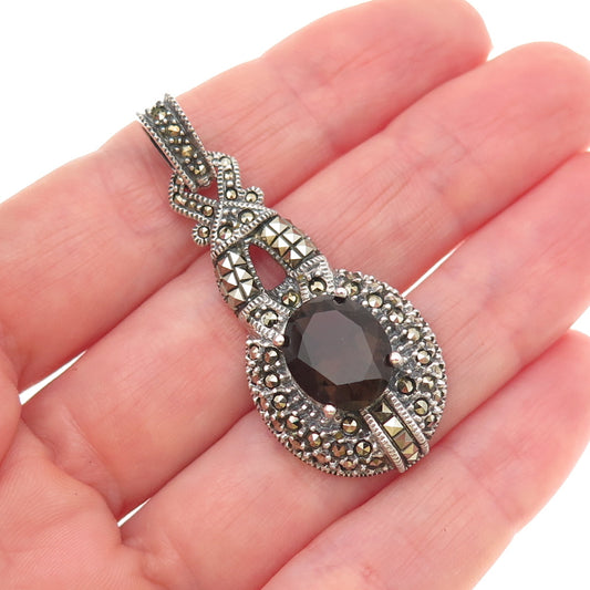 Judith Jack 925 Sterling Silver Vintage Real Smoky Quartz & Marcasite Pendant