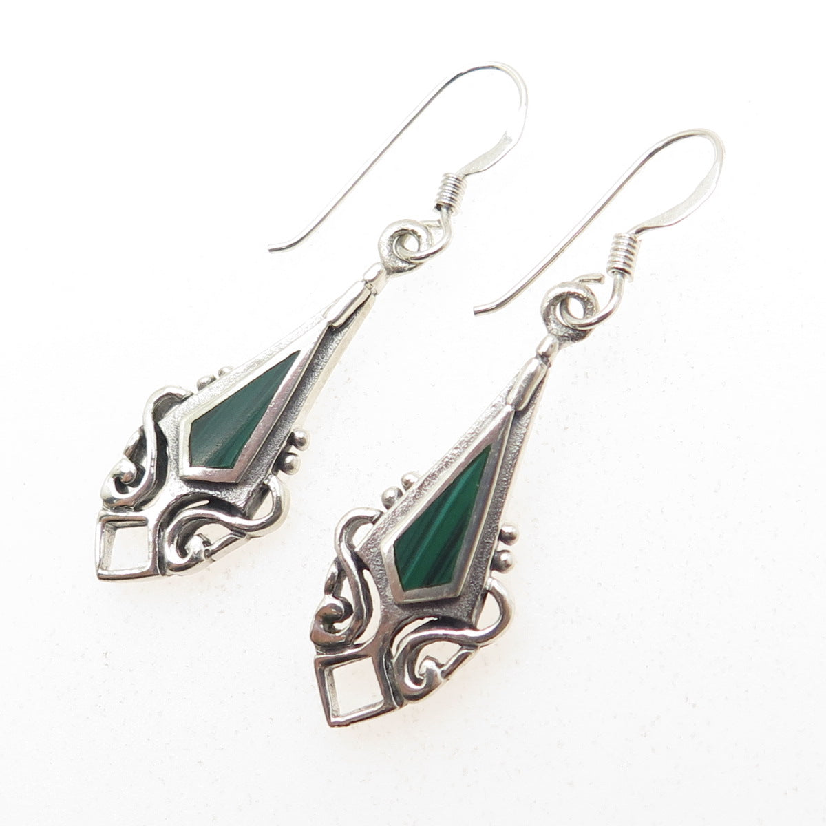 925 Sterling Silver Vintage Real Malachite Gemstone Ethnic Dangle Earrings