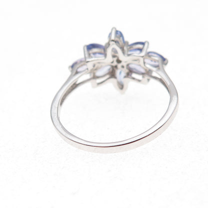 925 Sterling Silver Real Tanzanite & White Topaz Floral Ring Size 8