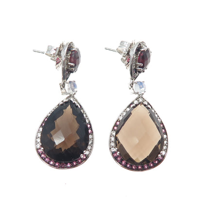 925 Sterling Silver Real Smoky Quartz Topaz Tourmaline Moonstone Dangle Earrings