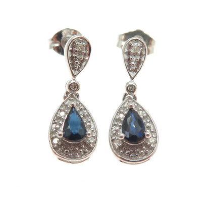 925 Sterling Silver Real Round-Cut Diamond & Pear-Cut Sapphire Dangling Earrings