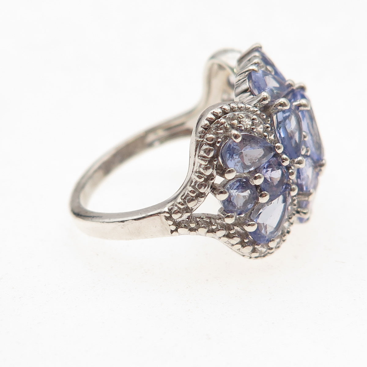 925 Sterling Silver Real Tanzanite & White Topaz Cluster Ring Size 7