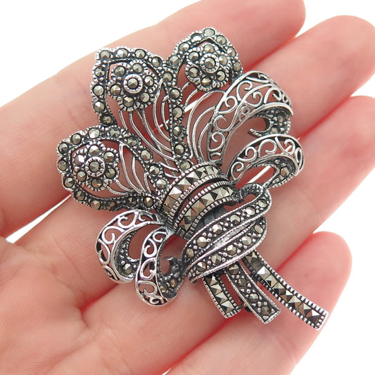 925 Sterling Silver Vintage Real Marcasite Flower Oxidized Pin Brooch