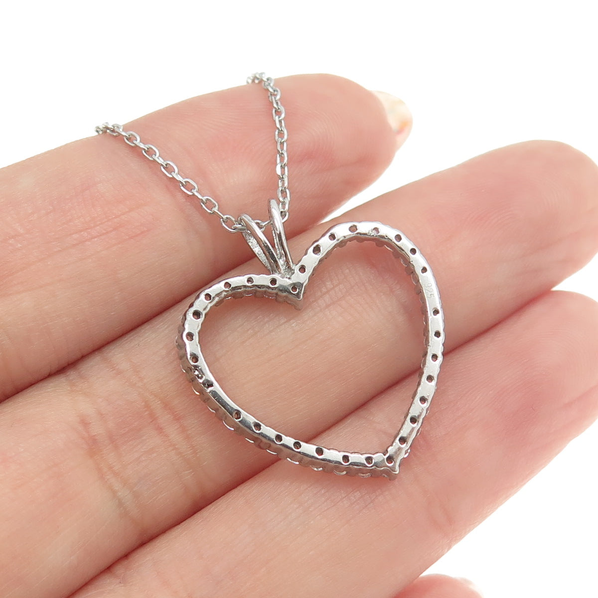 925 Sterling Silver Round-Cut C Z Open Heart Cable Chain Necklace 16-18"