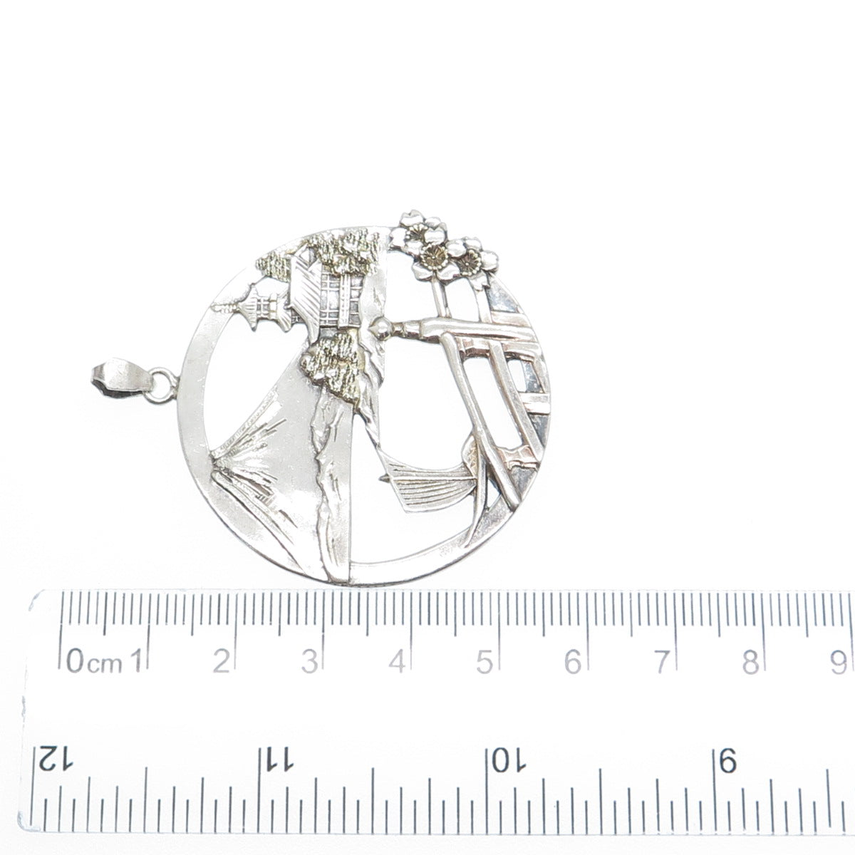 950 Silver Antique Japan Mount Fuji Old Town Pendant