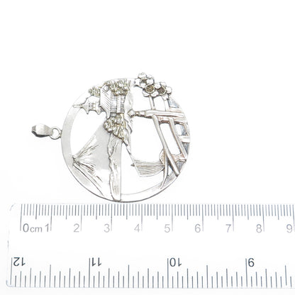 950 Silver Antique Japan Mount Fuji Old Town Pendant