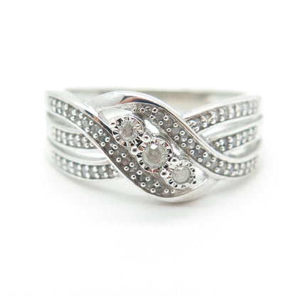 925 Sterling Silver Real Round-Cut Diamond Bypass Ring Size 8.25