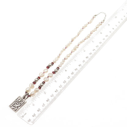 925 Sterling Silver Vintage Real Baroque Pearl Red Garnet Beaded Necklace 16-18"