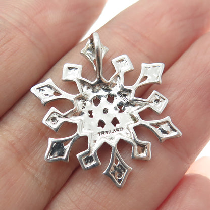 925 Sterling Silver Real Round-Cut Diamond Accent Snowflake Pendant